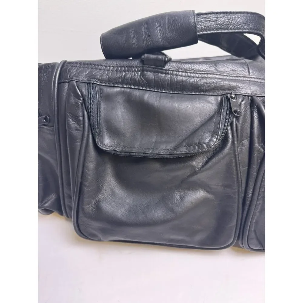 Vintage Pioneer Express Black Leather Duffel Travel Bag 18x10 Weekender